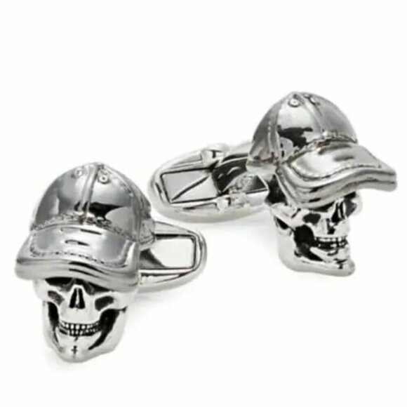 Paul Smith Cufflinks Silver Skull Ballcaps Mens T-Bar Engraved Logo w Gift Box - Picture 1 of 2